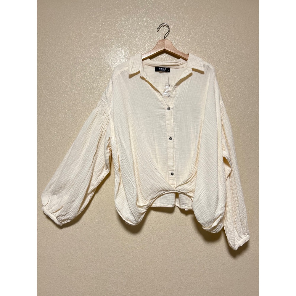 Blue B Size M Shirt Cream Gauze Cotton Twisted Front Balloon Puffy Long Sleeve